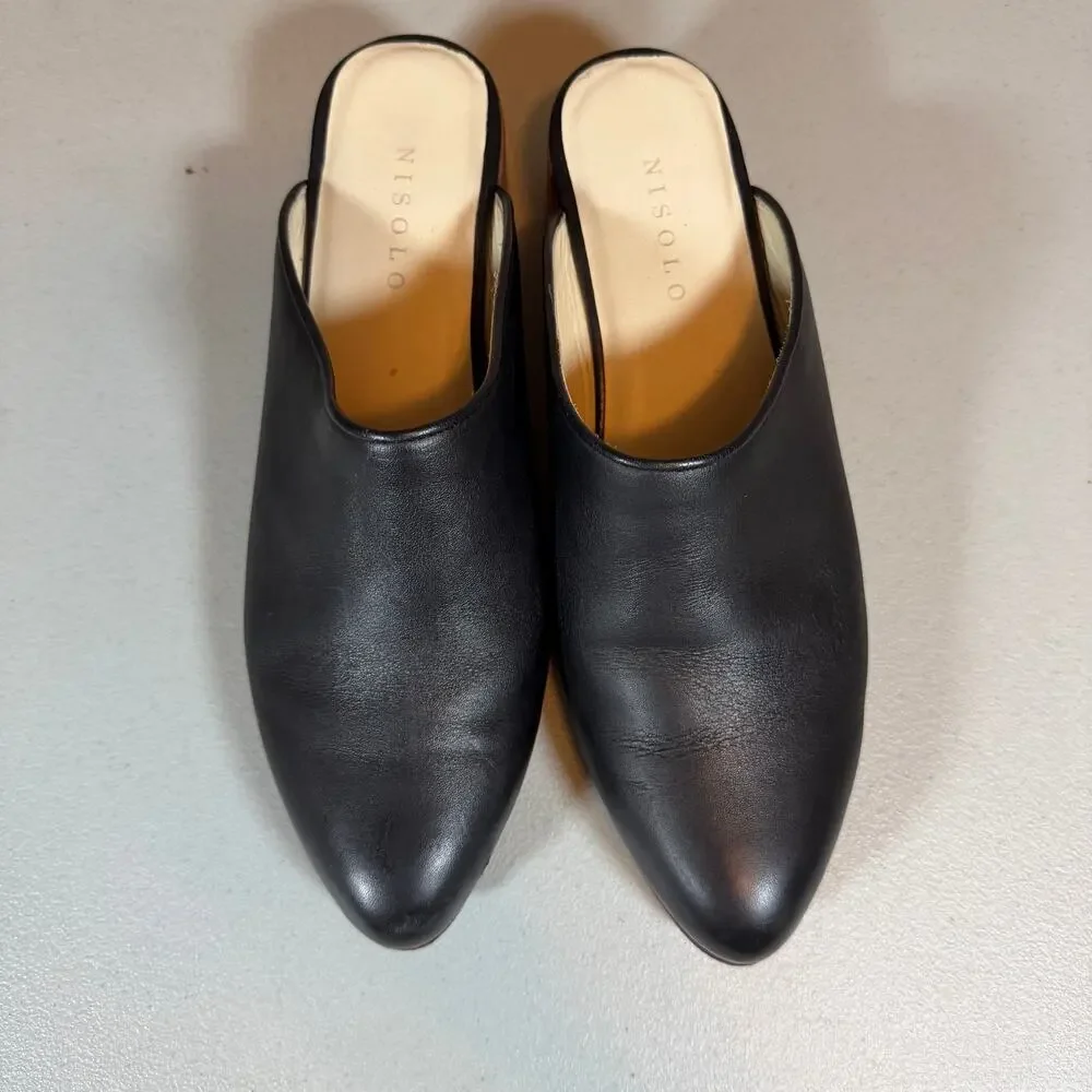 Nisolo Mariella Mule Womens 7 Smooth Black Leather Classic Round Toe Block Heel